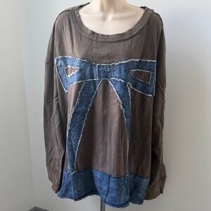 Relaxed Brown Tunic Top with Denim Bow Detail